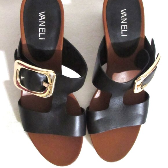 NEW Ladies VANELI Black Leather Sandals Slides Heels Shoes 9 N 9 N Orig $195 - Picture 3 of 7